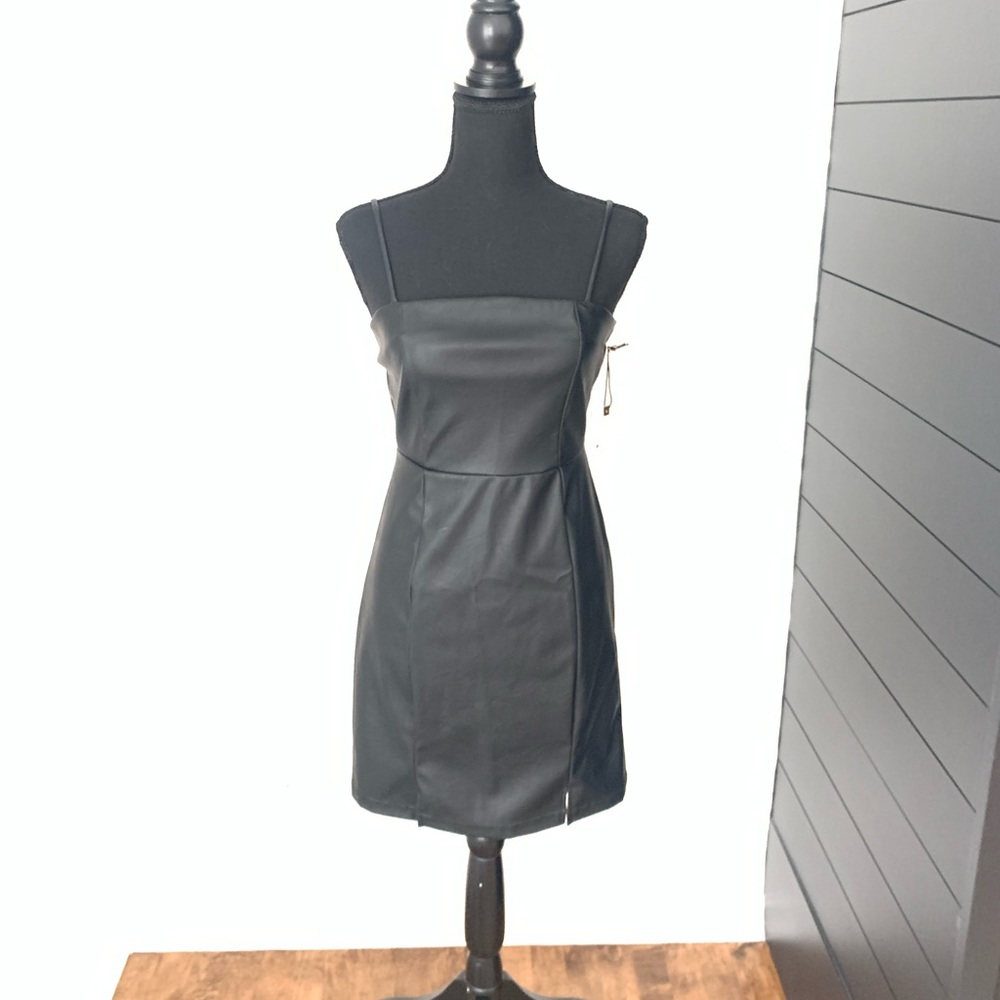 Originality Black Pleather Spaghetti Strap Mini Dress